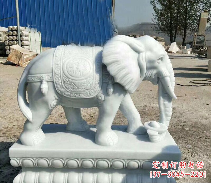 福建鼻卷元宝的大象汉白玉吉祥如意石雕