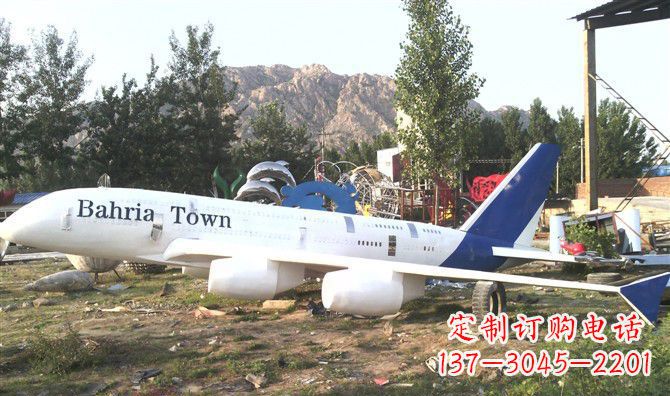 福建静静躺在大地上的不锈钢飞机雕塑