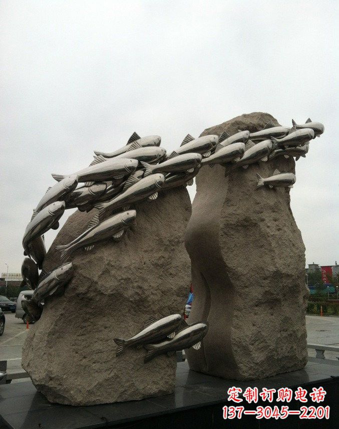 福建不锈钢公园抽象鲤鱼群雕塑