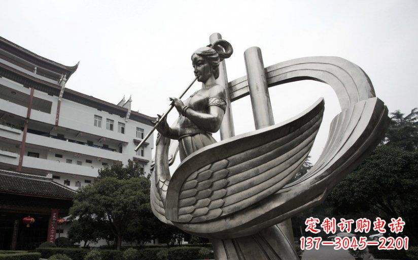 福建古典美女不锈钢吹笛子雕塑