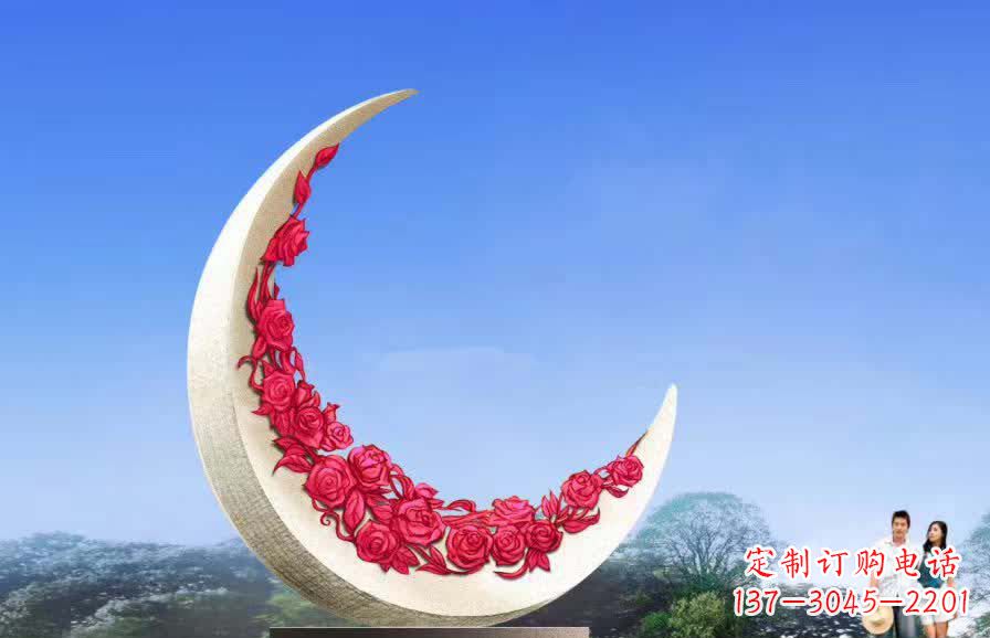 福建不锈钢广场月亮雕塑月光下的璀璨美景