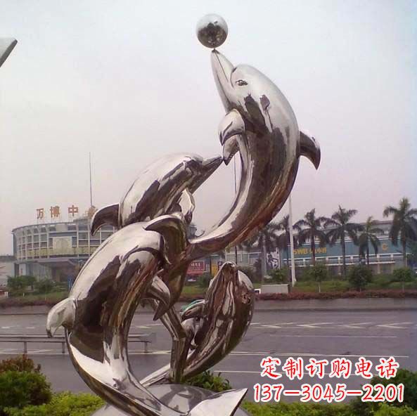 福建不锈钢海豚顶球造型雕塑