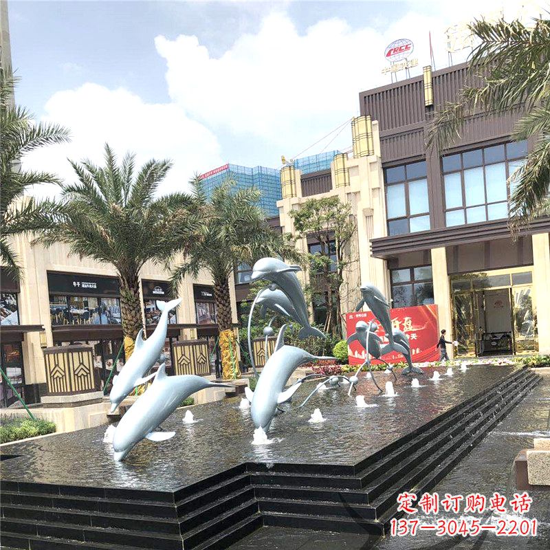 福建不锈钢海豚喷泉-城市企业街道睡觉景观雕塑
