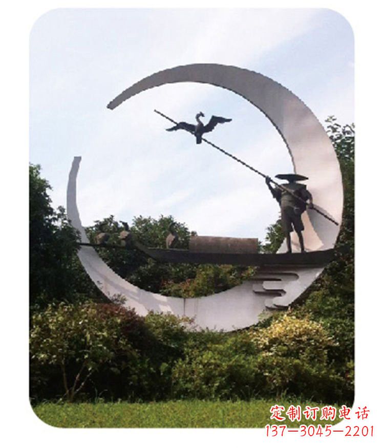 福建不锈钢鸬鹚和渔翁雕塑
