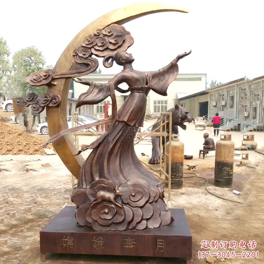 福建嫦娥奔月黄金雕塑-铸铜神话人物上古美女雕像