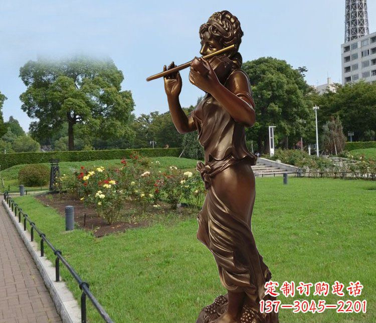 福建吹笛子的美女城市花园景观玻璃钢仿铜雕塑