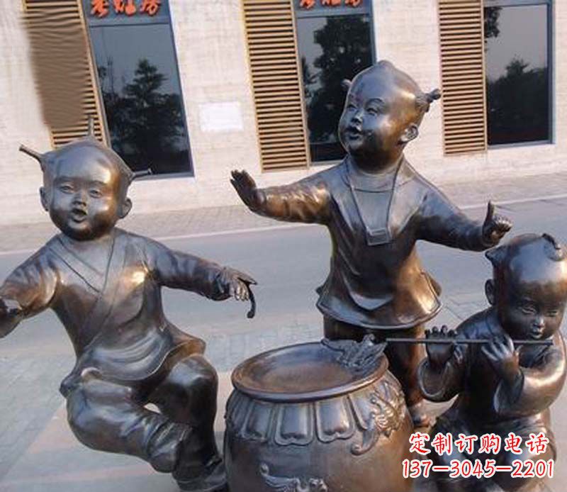 福建吹笛子跳舞的儿童铜雕