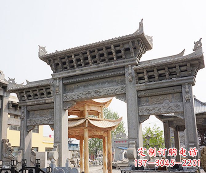 福建村庄大理石三门牌坊石雕 (5)
