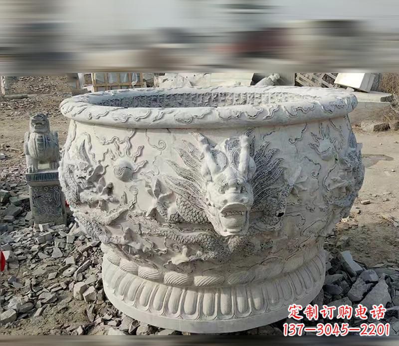 福建大理石龙浮雕水缸