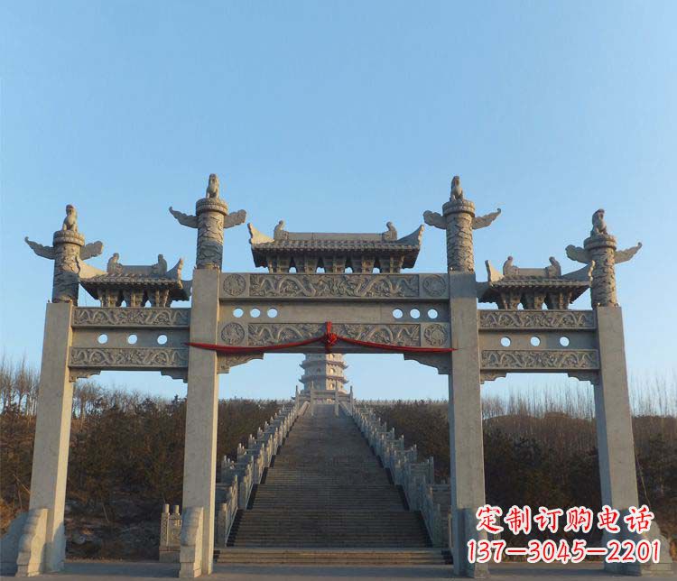 福建精美大理石三门牌坊雕塑