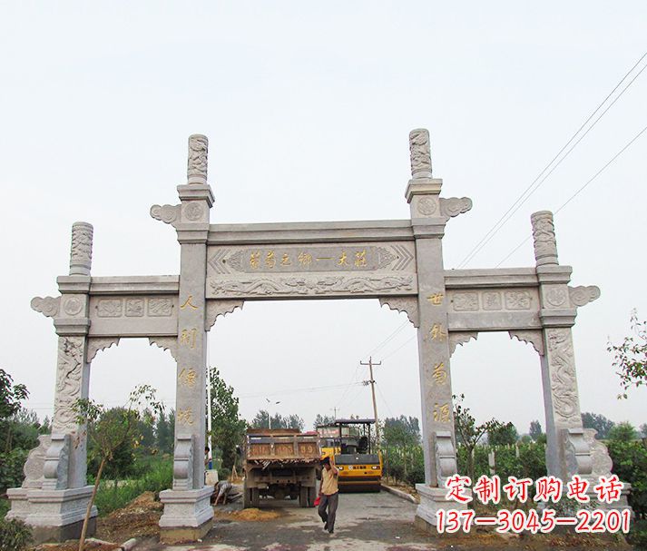 福建大理石三门石牌坊石雕