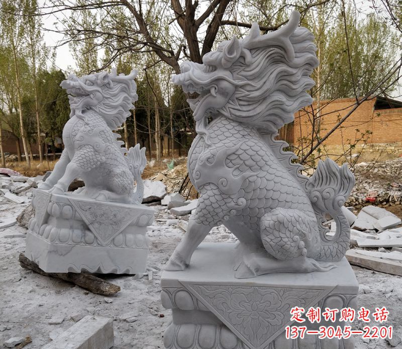 福建优雅大型大理石麒麟门口石雕
