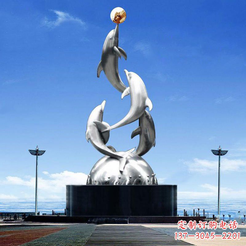 福建大型不锈钢海豚雕塑-学校文化动物景观雕塑