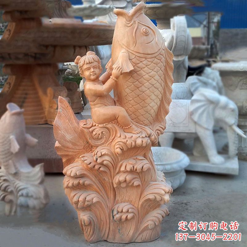 福建大型喷水鲤鱼景观雕塑-晚霞红石雕动物喷泉
