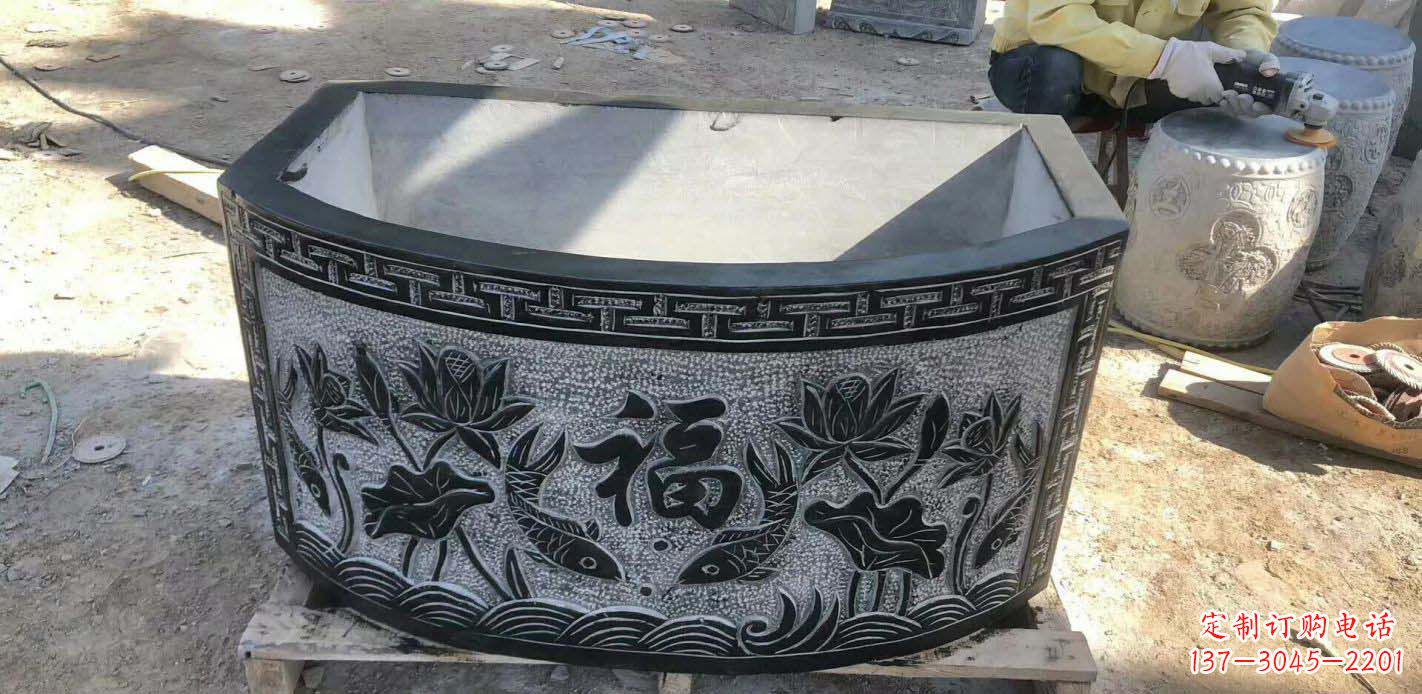 福建精致方口石浮雕水缸雕塑