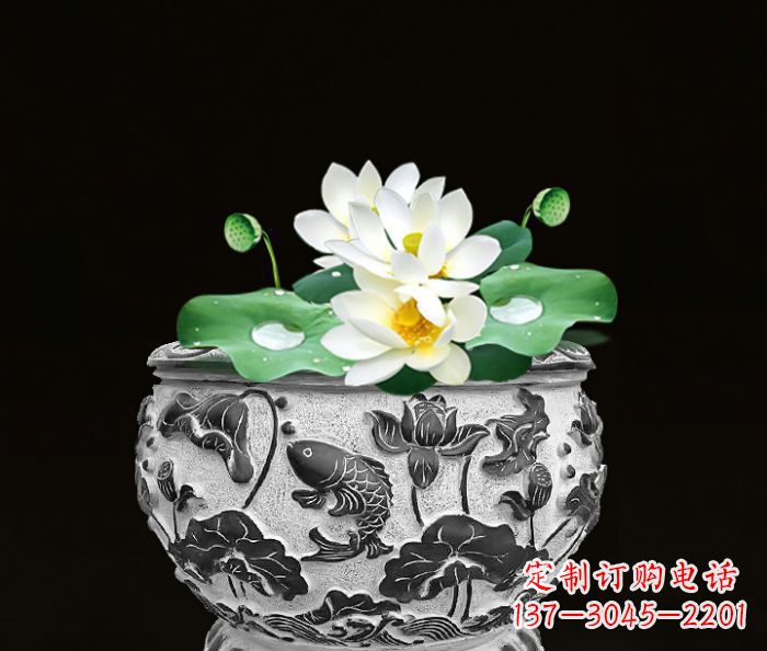 福建仿古荷花鲤鱼浮雕石水缸 (2)