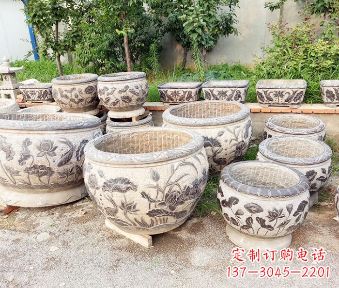 福建仿古石雕鲤鱼浮雕水缸