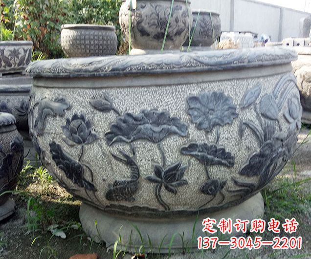 福建中领雕塑仿古荷花石浮雕水缸