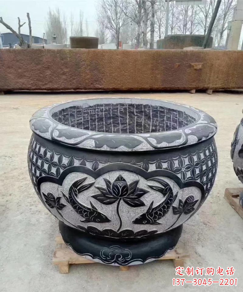 福建仿古石雕荷花鲤鱼水缸