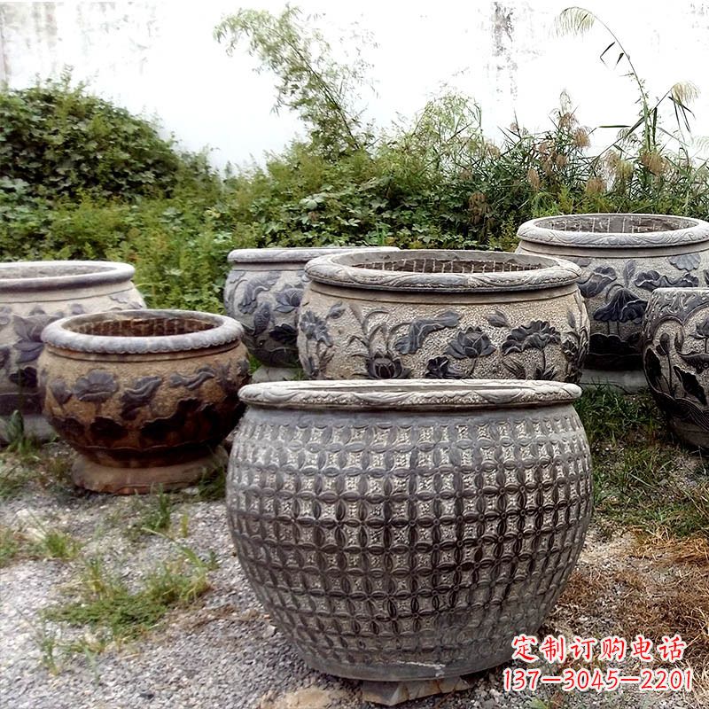 福建仿古石雕花盆水缸