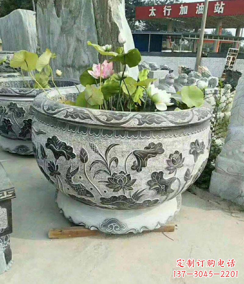 福建仿古石雕荷花水缸