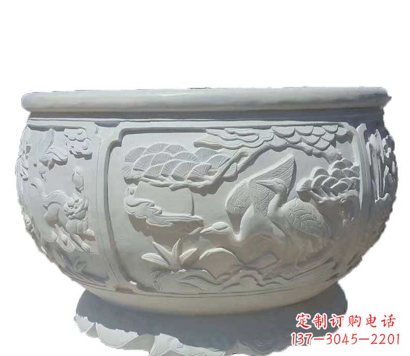 福建仿古鱼缸石雕花盆摆件
