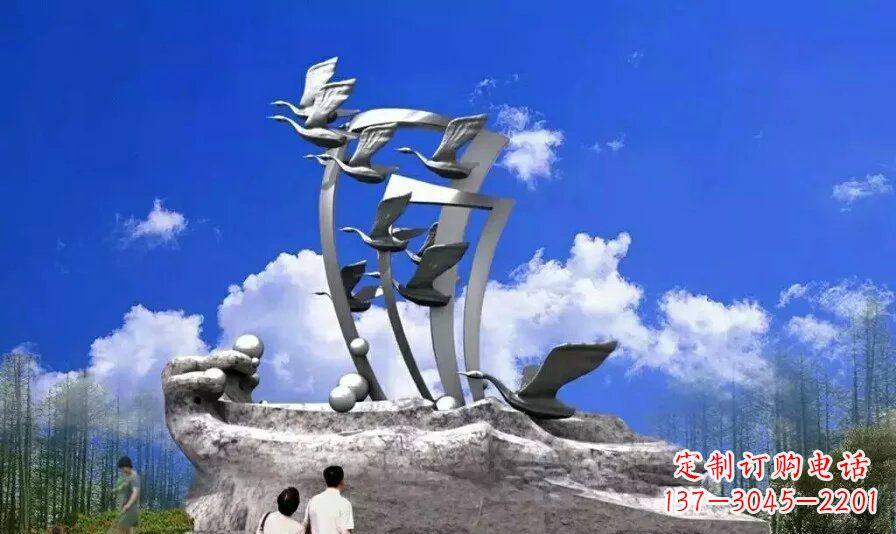 福建艺术家手工制作的不锈钢飞翔天鹅雕塑
