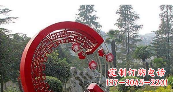 福建灵动奔放的不锈钢和梅花圆环雕塑