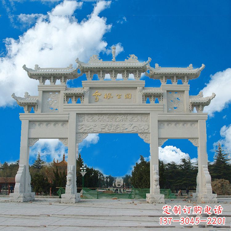 福建传承历史的精美汉白玉三门牌楼雕塑