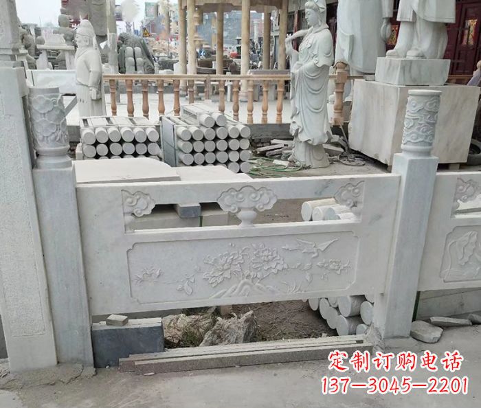 福建汉白玉牡丹花浮雕石栏板雕塑