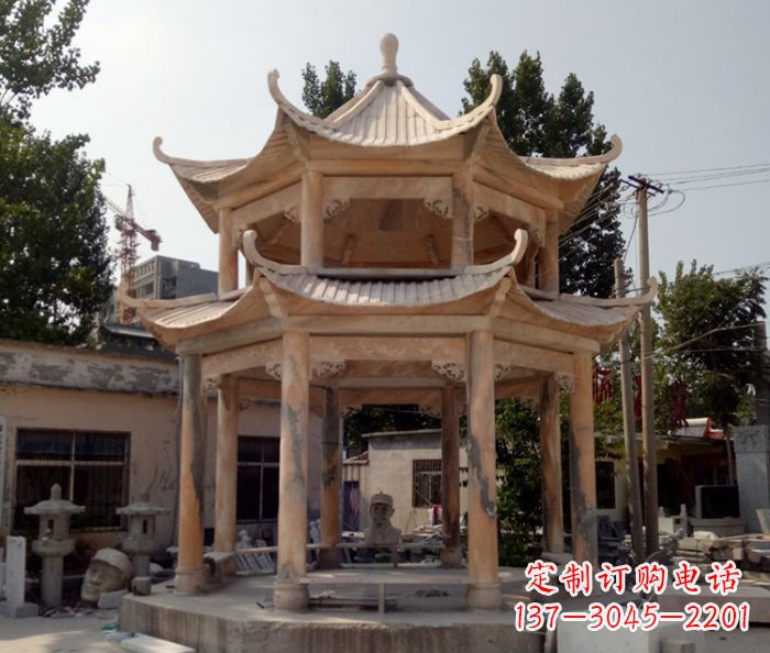 福建公园景观晚霞红双层石雕凉亭