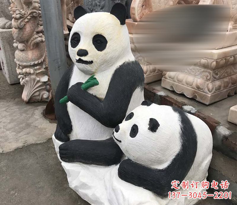 福建领雕塑——公园母子熊猫石雕