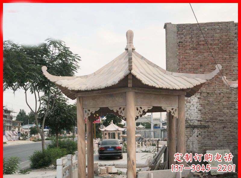 福建公园晚霞红六角石凉亭雕塑
