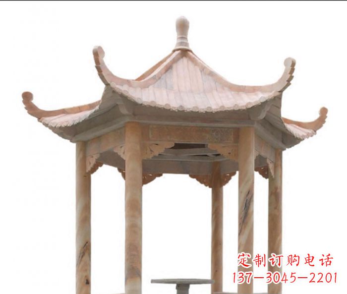 福建美丽而优雅的公园晚霞红六角石凉亭雕塑