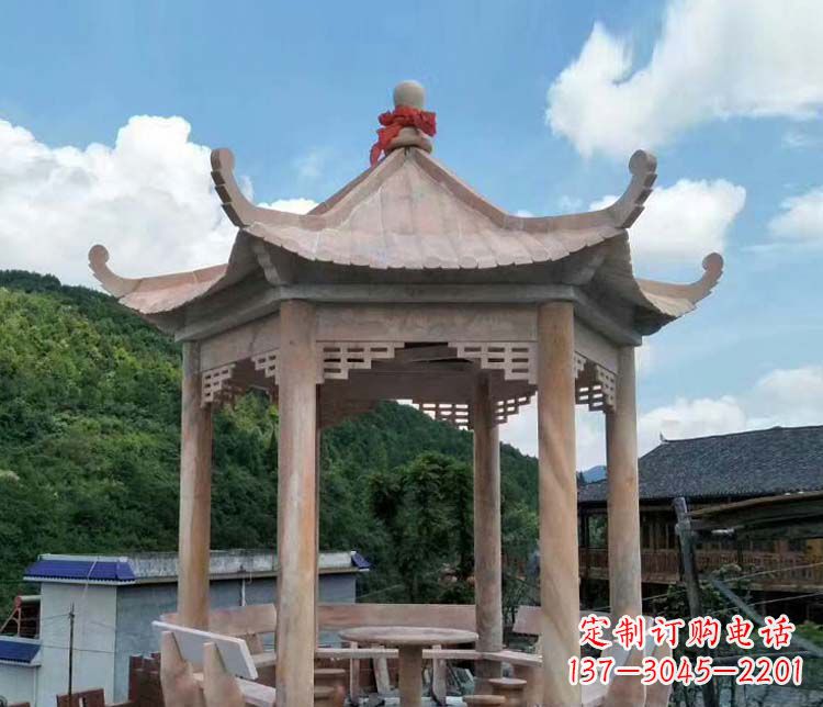 福建一流的公园晚霞红六角石雕凉亭