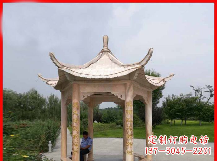 福建晚霞红六角石凉亭雕塑