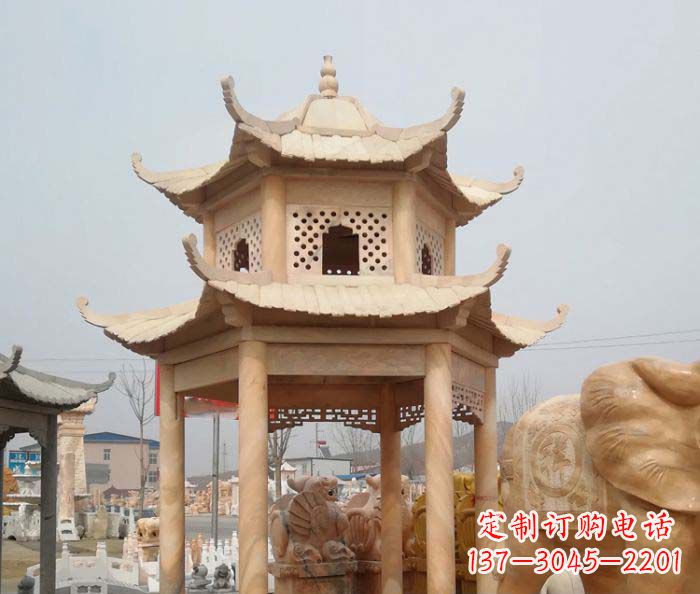 福建红双层六角石凉亭雕塑