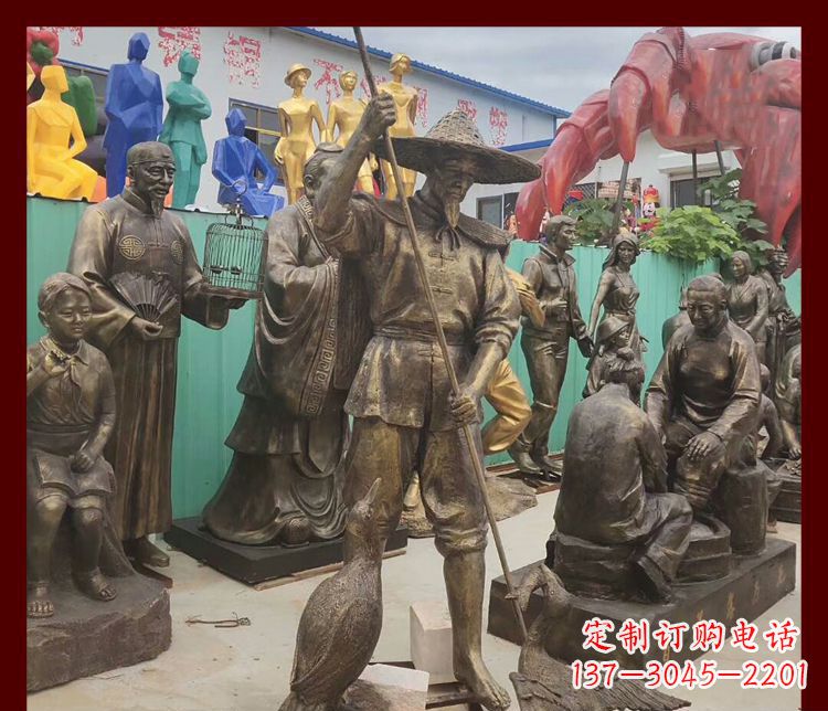 福建公园渔翁和鸬鹚铜雕