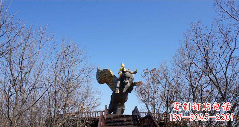 福建公园站在飞牛上的小男孩景观铜雕