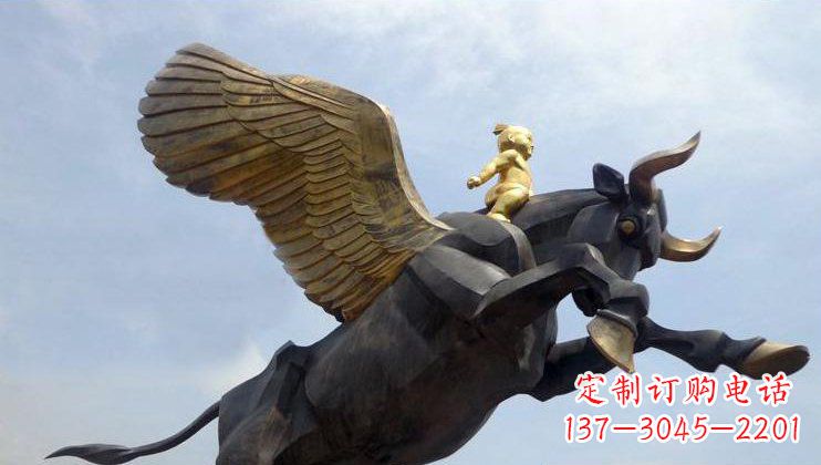福建广场骑飞牛的小孩景观铜雕