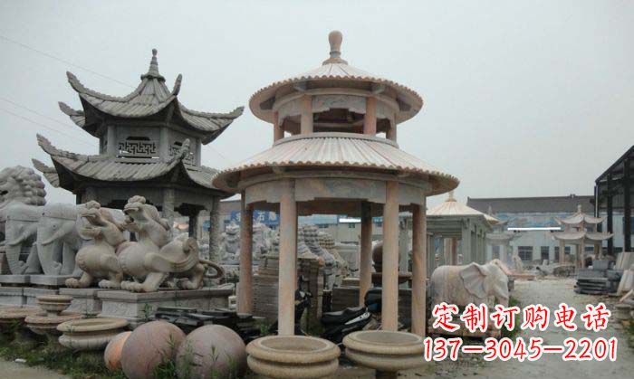 福建海景石雕凉亭——晚霞红圆顶石雕凉亭