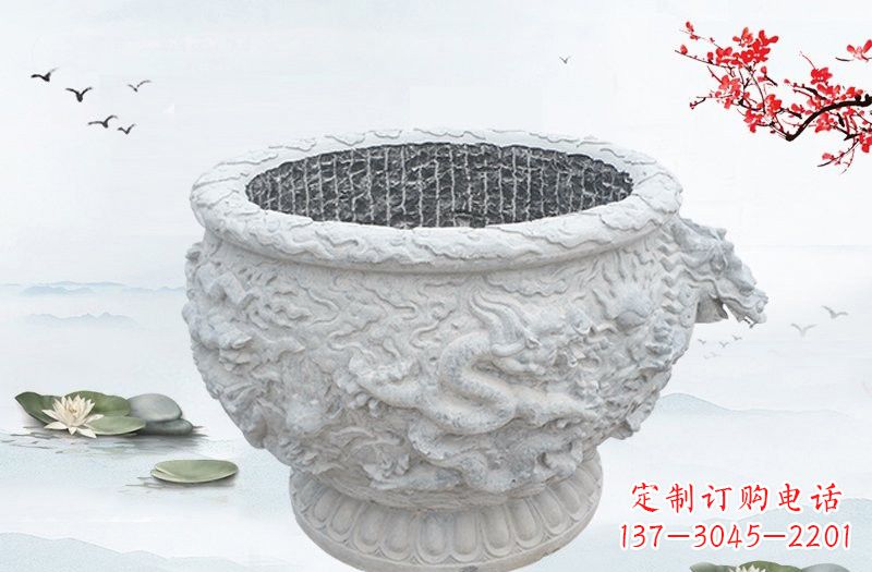 福建汉白玉龙浮雕水缸，传承传统经典