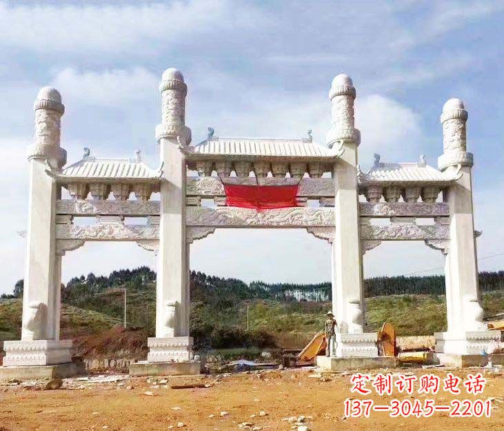 福建汉白玉三门牌坊石雕