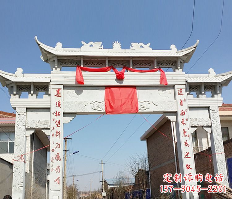 福建汉白玉三门石牌坊石雕