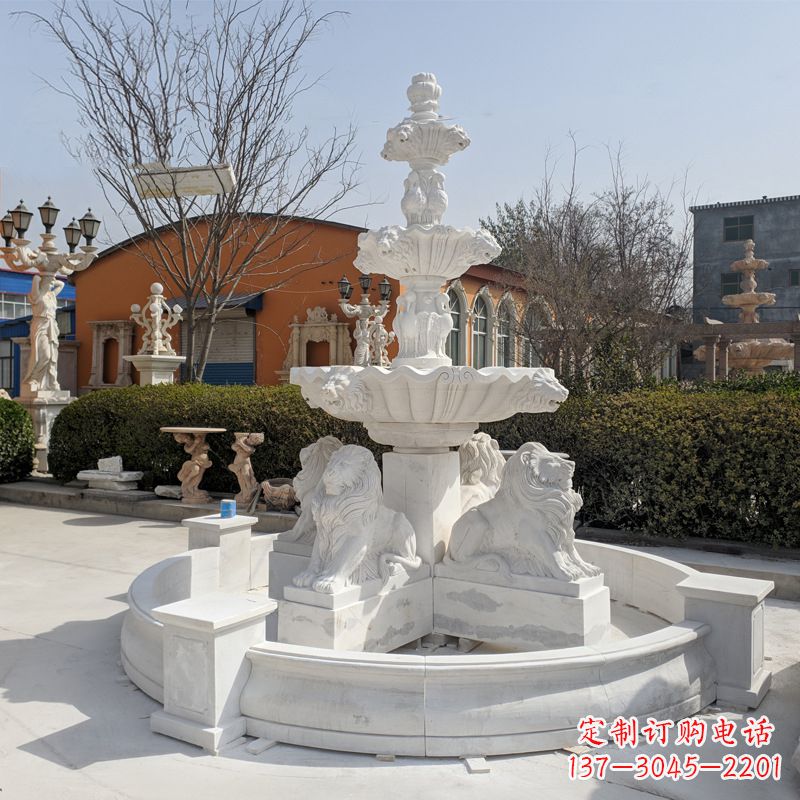 福建定制白玉狮子喷泉雕塑