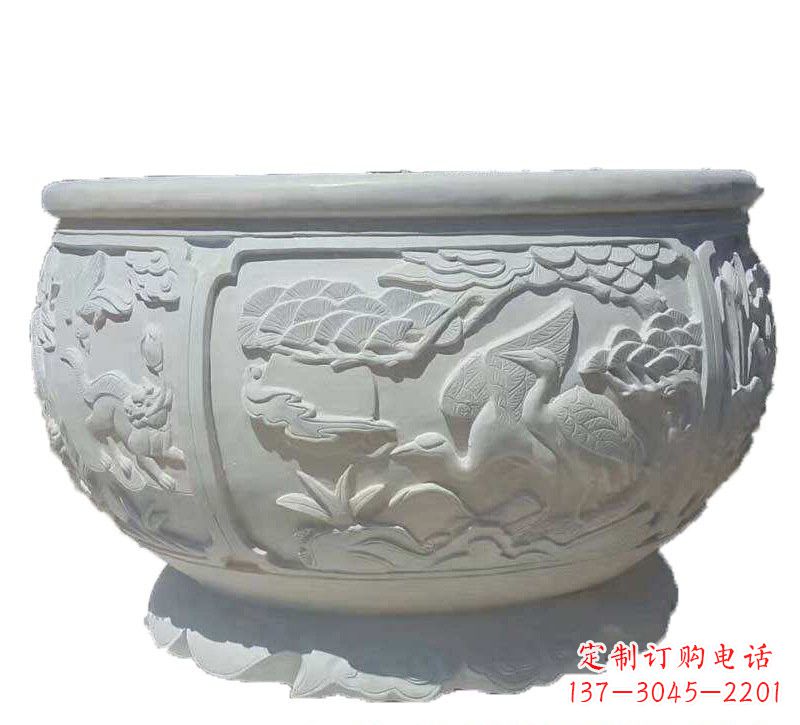 福建汉白玉松鹤延年浮雕水缸