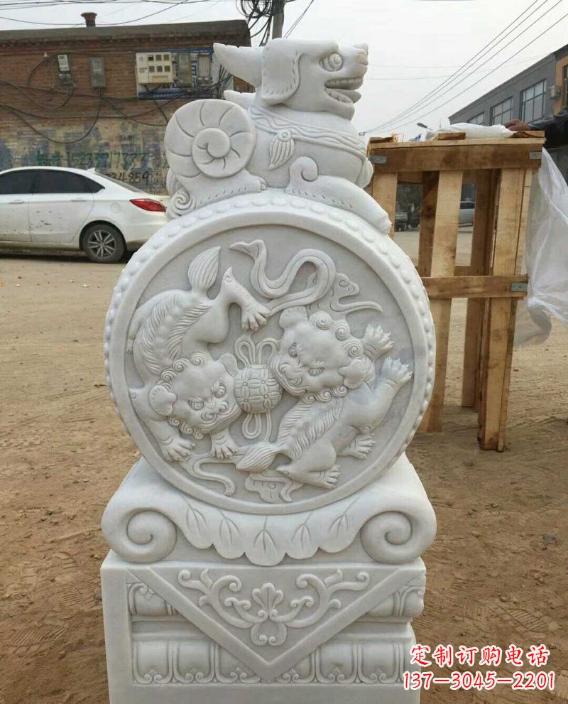 福建汉白玉招财貔貅门墩雕塑，纯手工制作