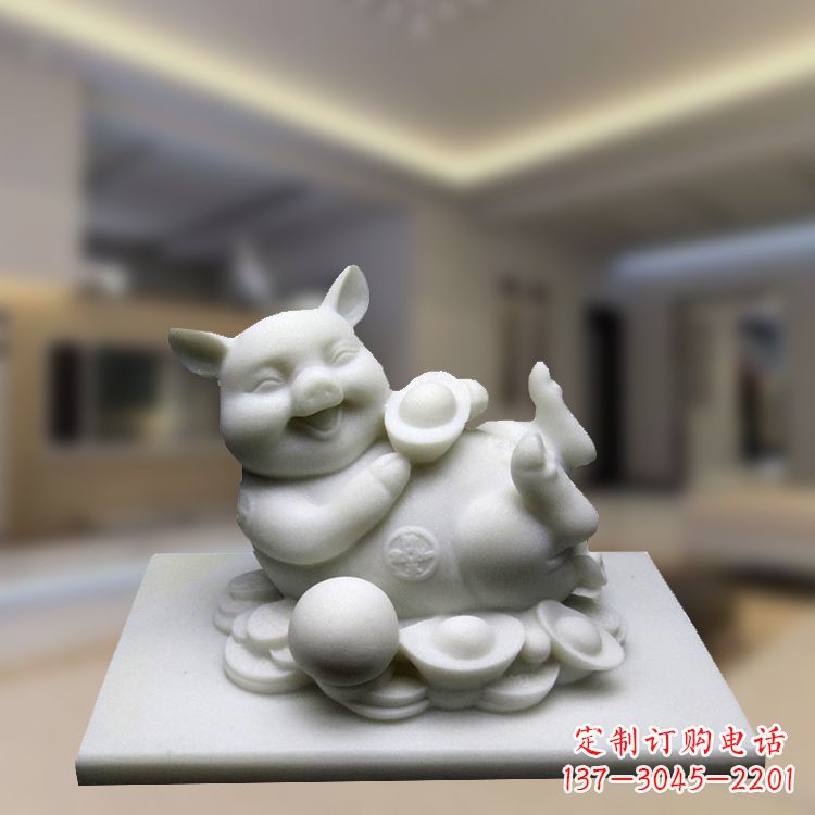 福建汉白玉动物雕塑,招财猪石雕精美装饰