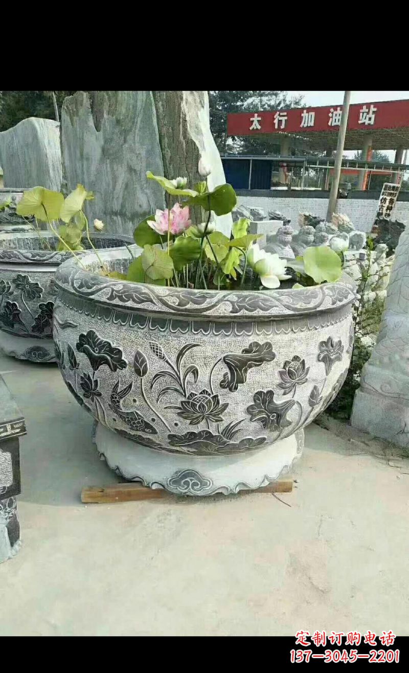 福建精美荷花鲤鱼石浮雕水缸