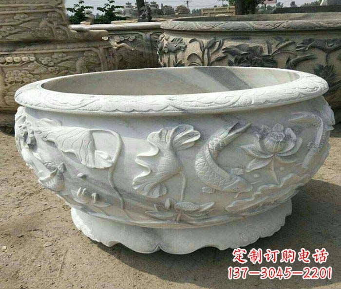 福建荷花鲤鱼石雕招财水缸